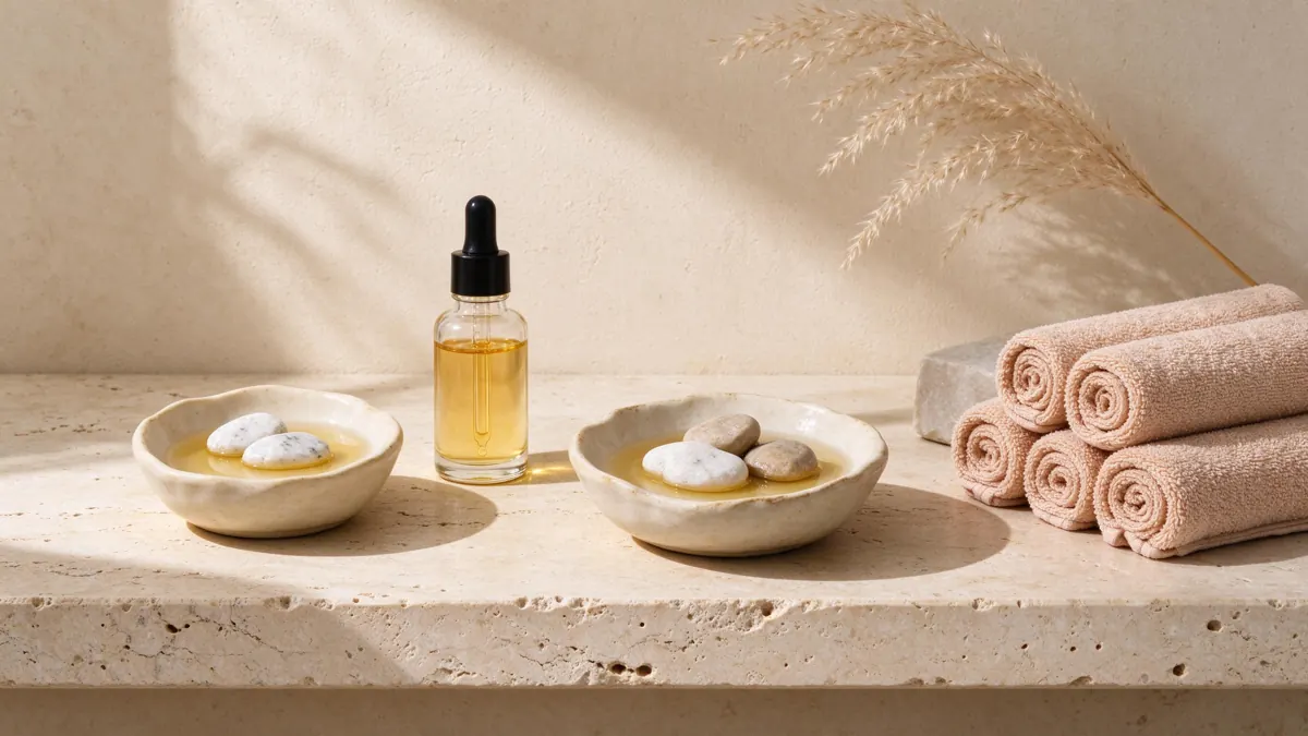 Asciugamani, ciotole in ceramica e olio su una mensola in travertino